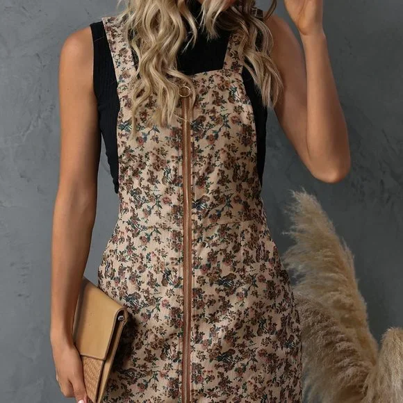 Multicolor Casual Womens Allover Floral Print Zip Front Corduroy Overall Dress - Picture 5 of 5